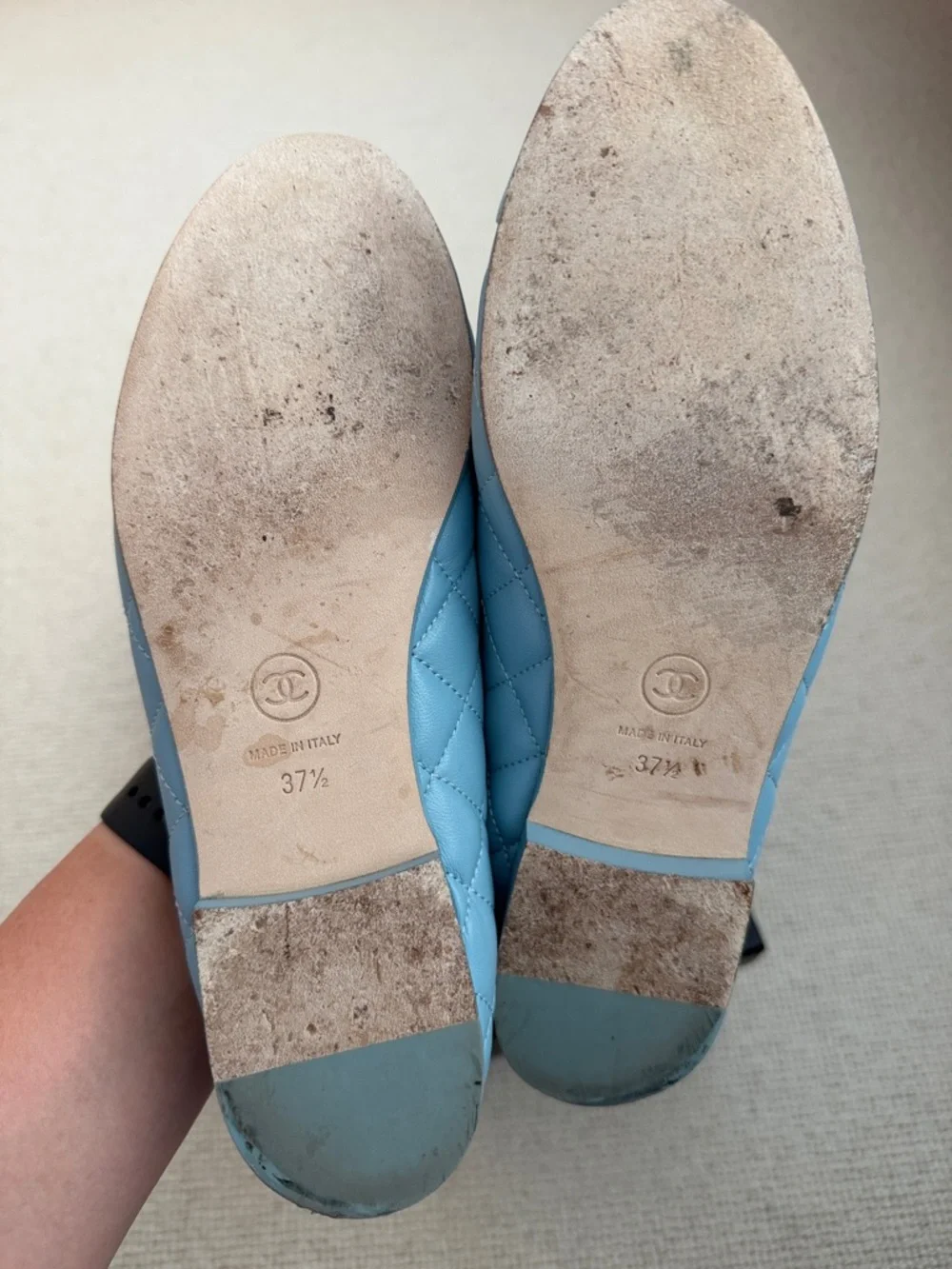 CHANEL Blue Quilted Leather Ballet Flats with Bow